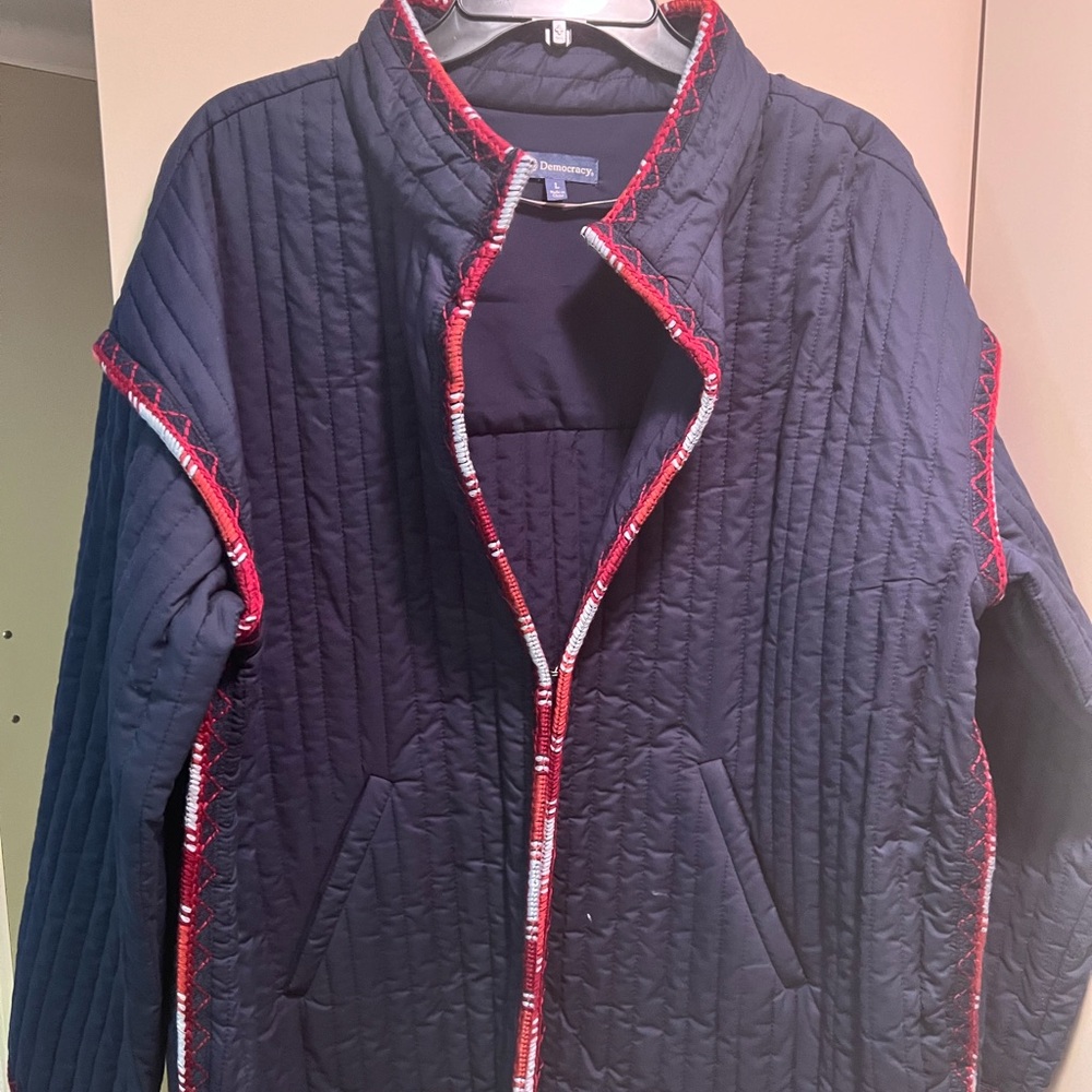 L,  Navy Quilted Jacket with Red Trim